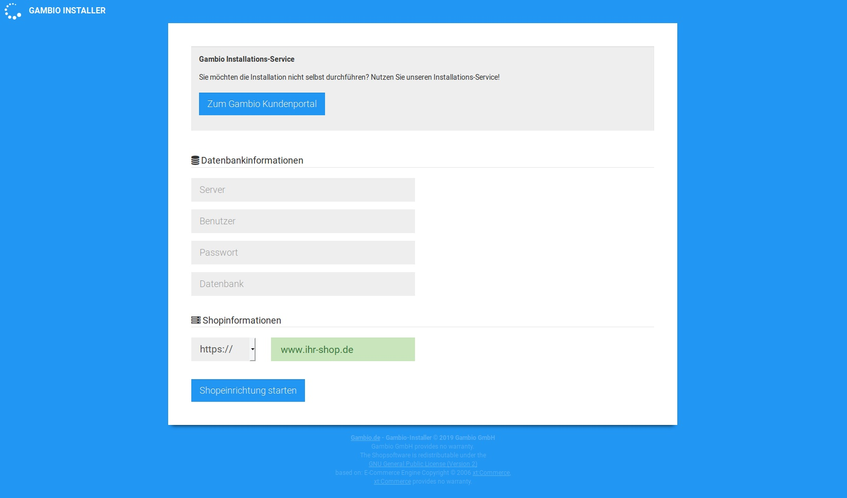 Entering database information
