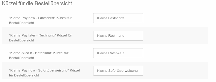 Kürzel für die Bestellübersicht