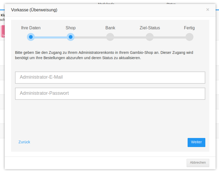 Eingabe der Admin-Daten