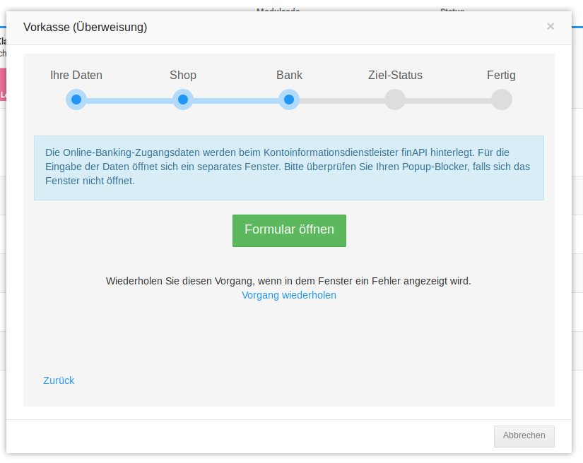 Öffnen des Formulars zum Abruf der Bankdaten