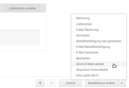 Versenden der eKomi-E-Mail aus der Detailansicht der Bestellung