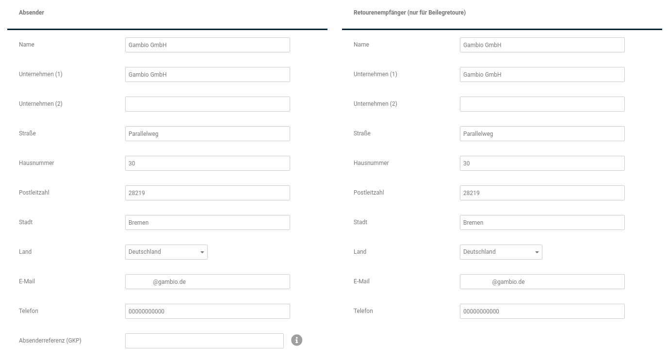 Absender und Retourempfänger