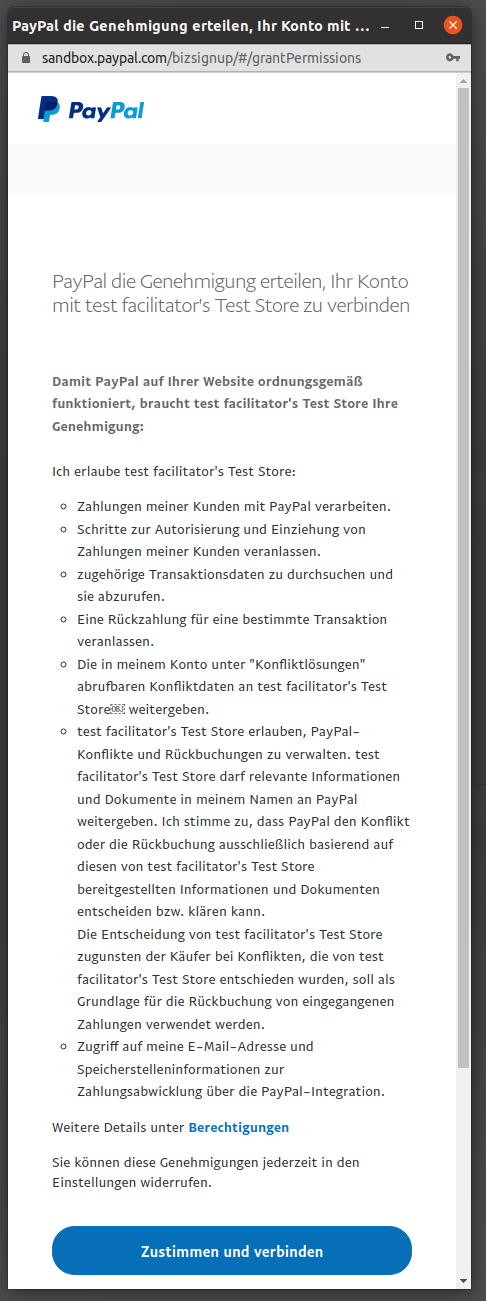Schaltfläche Zustimmen und verbinden am Ende der Seite