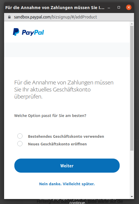 Auswahl ob ein bestehendes oder neues Geschäftskonto verwendet werden soll