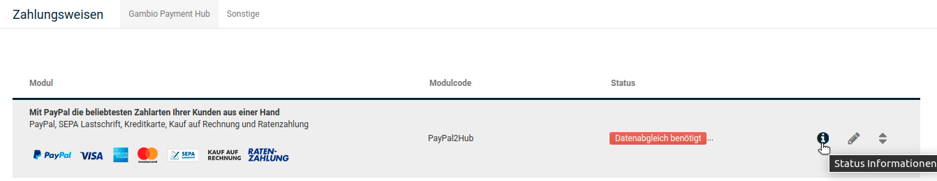 Symbol für _**Status Informationen**_ unter _**Module > Zahlungsweisen**_