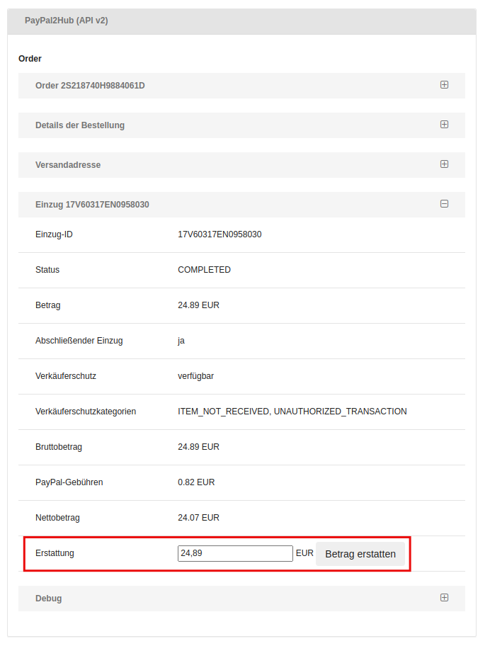 Erstattung im Block _**PayPal2Hub (API v2)**_