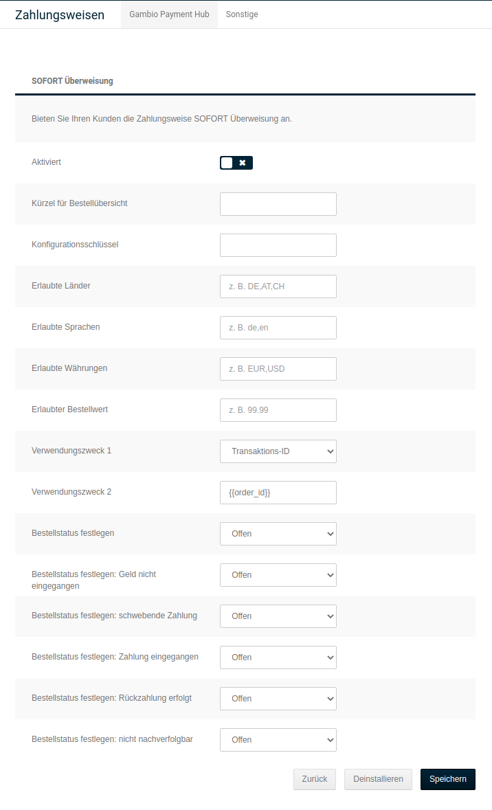Konfigurationsmaske von _**SOFORT Überweisung (SofortHub)**_