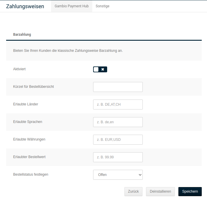 Konfigurationsmaske von _**Barzahlung (CashHub)**_