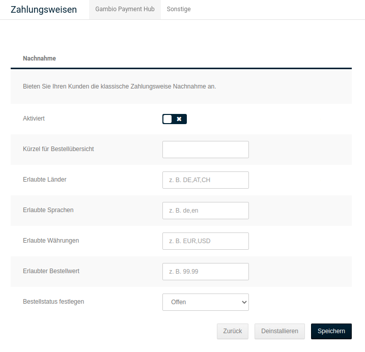 Konfigurationsmaske von _**Nachnahme (CashOnDeliveryHub)**_