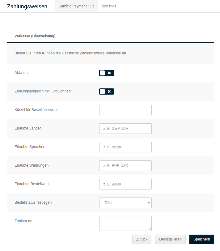 Konfigurationsmaske von _**Vorkasse (Überweisung) (MoneyOrderHub)**_