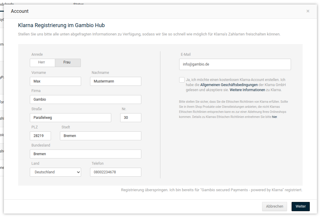 Klarna Anmeldung bei bestehendem Hub-Account