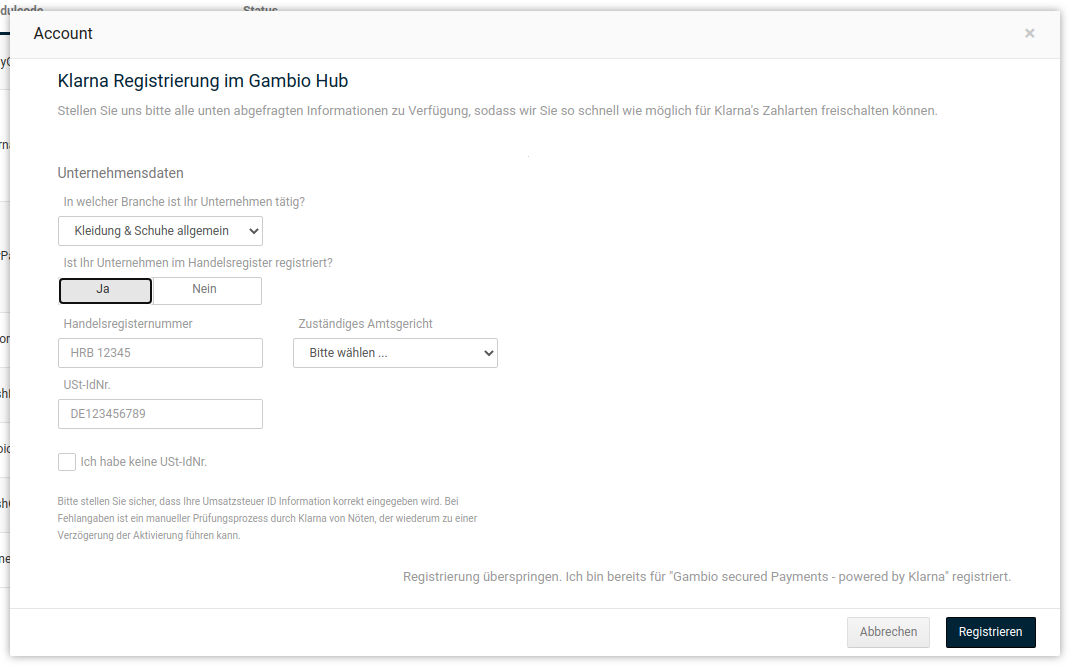 Registrierung bei Klarna über das Gambio Hub