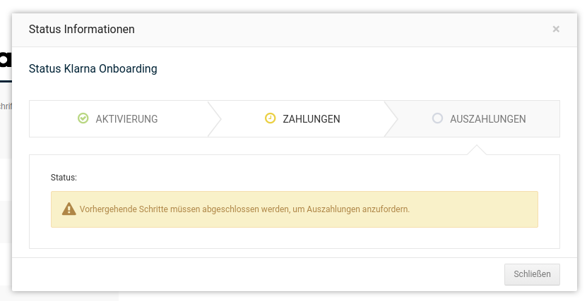 Klarna Onboarding: Darstellung der verschiedenen Freischaltungsschritte