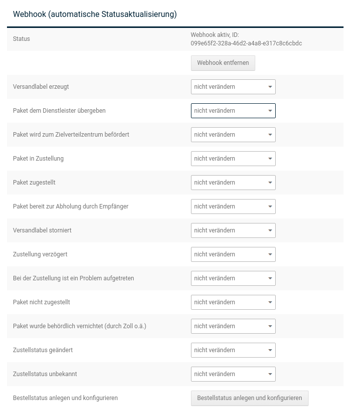 Einstellungen für das Einrichten eines Webhooks