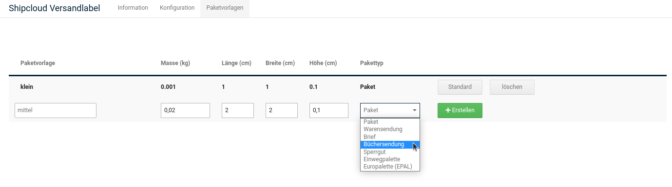 Paketvorlage in der Übersicht