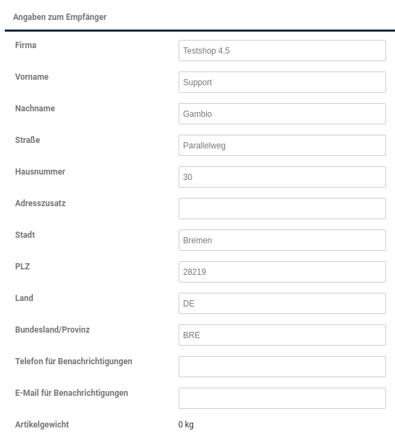 Angaben zum Empfänger beim Einzelaufruf