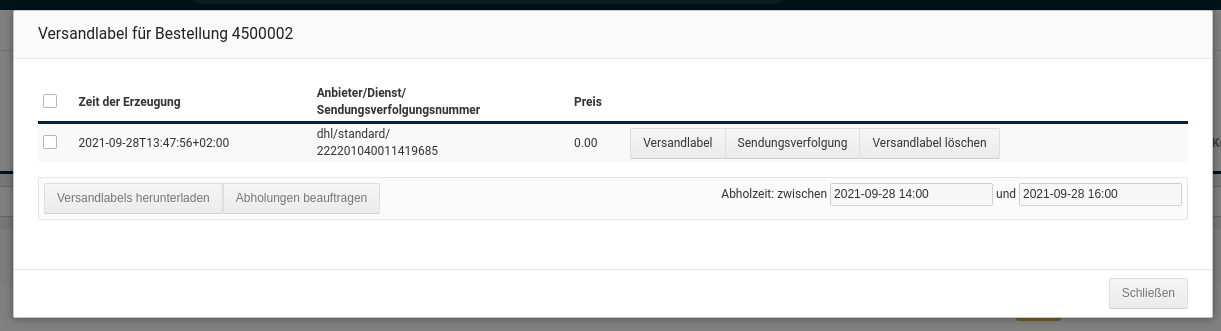 Details zum erzeugten Versandlabel