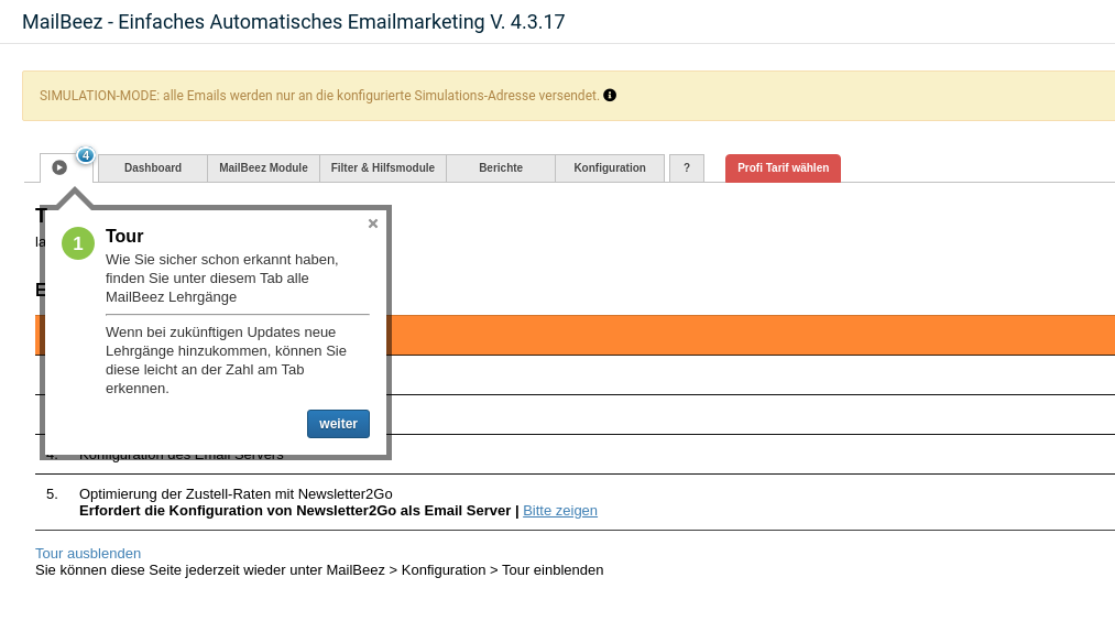 Tour durch das Mailbeez-Modul mit Hilfe von Hinweisfeldern