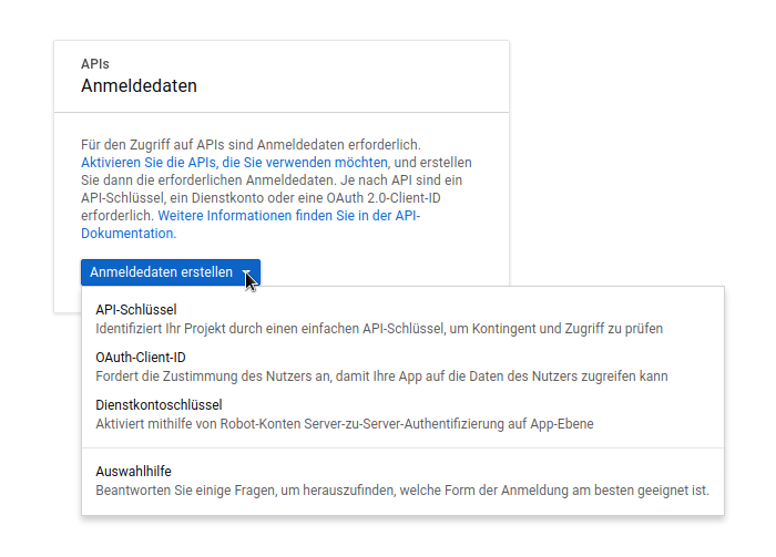 Popup zum Erstellen der Anmeldedaten für Google