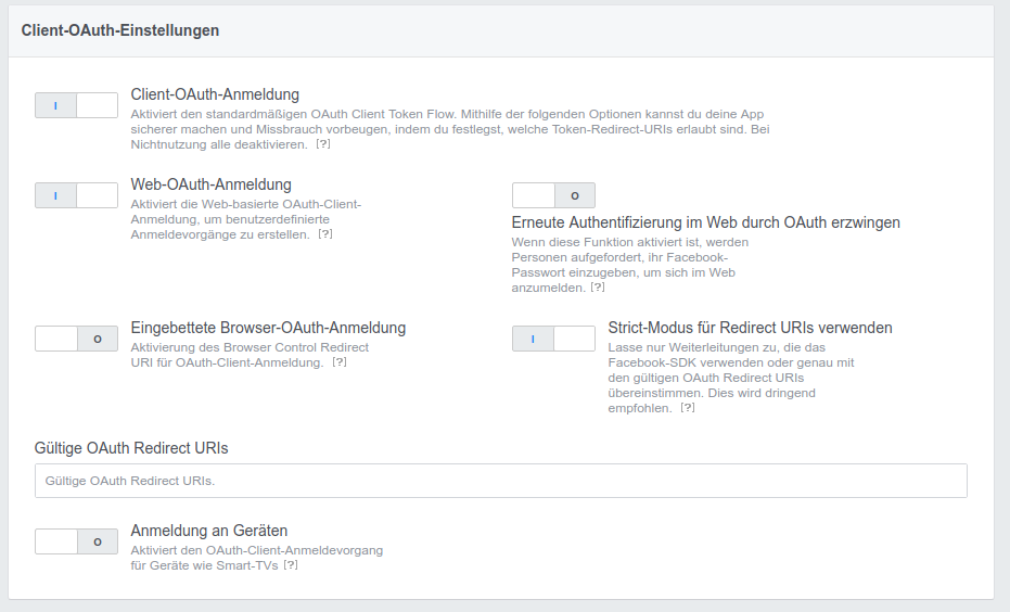Einstellungen unter Facebook Login