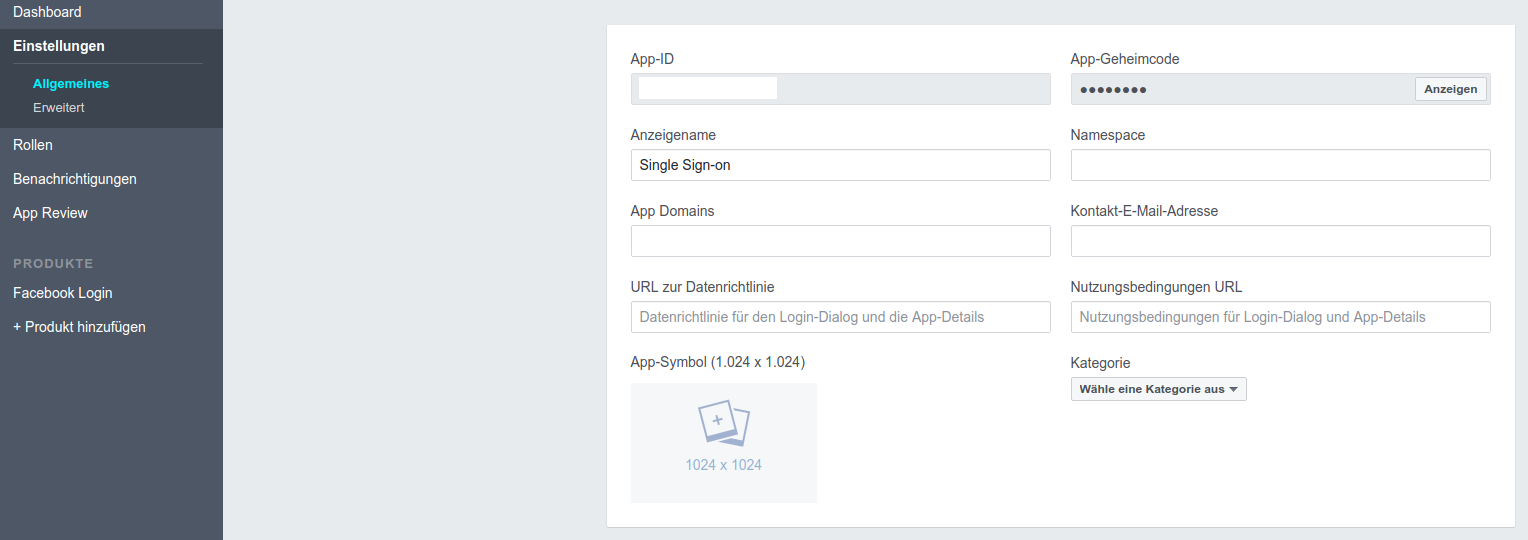 Einstellungen unter Facebook Login