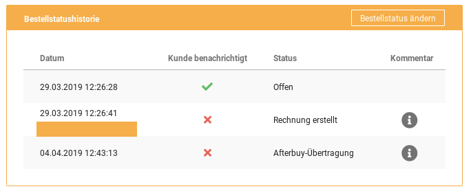 Afterbuy-Eintrag in der Bestellstatushistorie