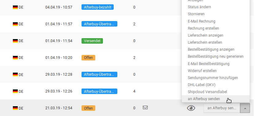 Übertragung einer Bestellung an Afterbuy aus der Bestellübersicht