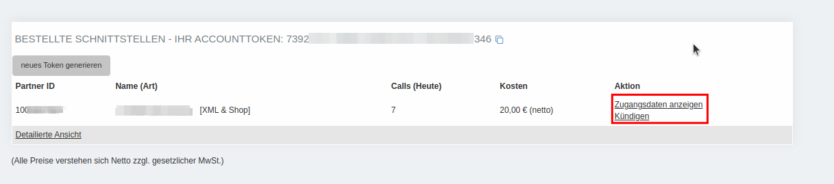 _**Zugangsdaten anzeigen**_ und _**Kündigen**_