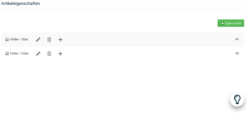 Übersicht der Eigenschaften unter _**Artikel > Artikeleigenschaften**_ im Gambio Admin