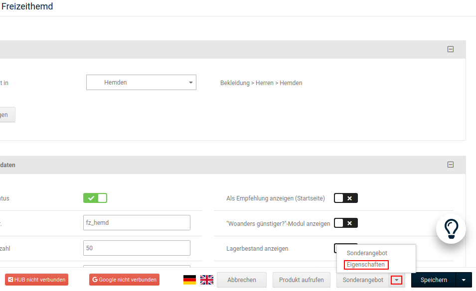 Eintrag _**Eigenschaften**_ in der Dropdown-Schaltfläche der Artikel-Detailseite
