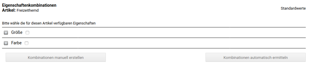 Auswahl der Eigenschaften für das Erstellen von Kombinationen