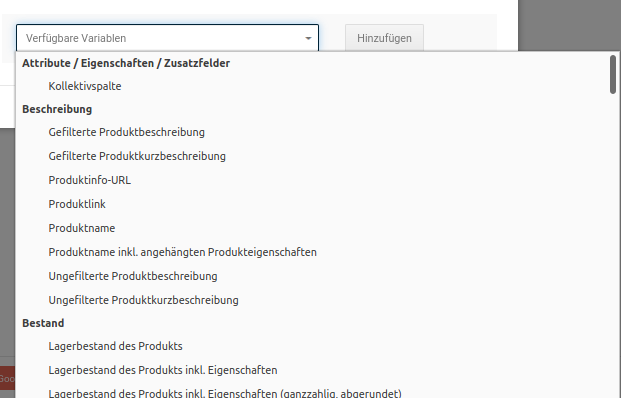 Anzeige der verfügbaren Variablen für den Spaltenwert