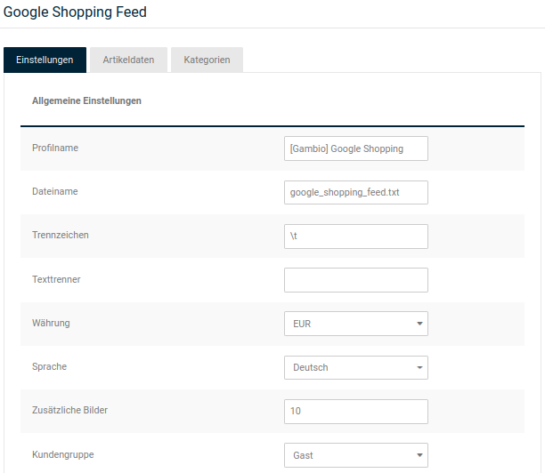 Allgemeine Einstellungen eines Export-Profils