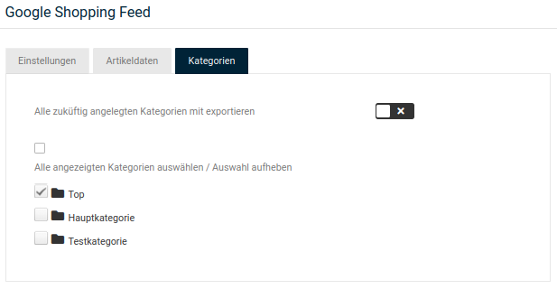 Auswahl der Kategorien für das Export-Profil
