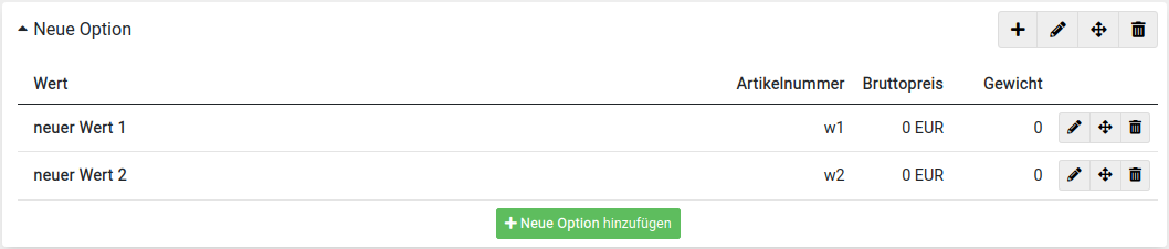 Die neuen Werte wurden angelegt