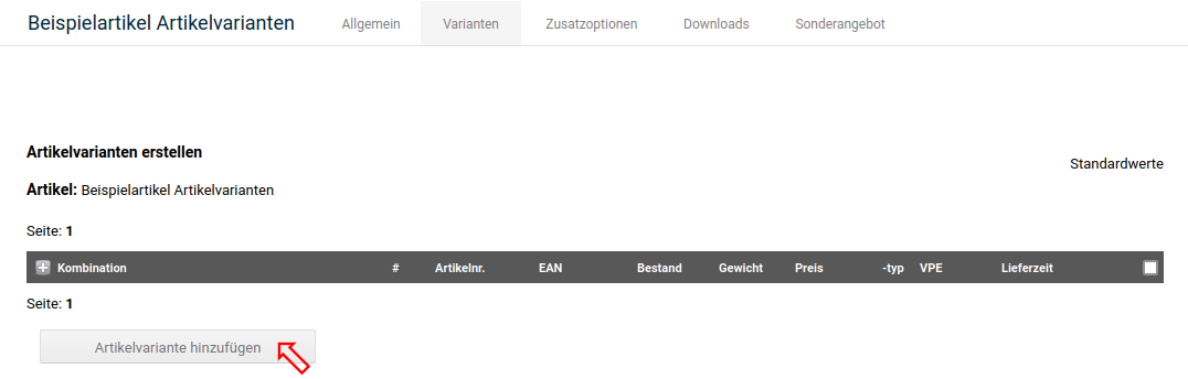 Übersicht der Artikelvarianten nach Klick auf _**Varianten manuell erstellen**_