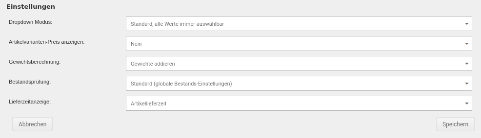 Maske _**Einstellungen**_ für den Artikel