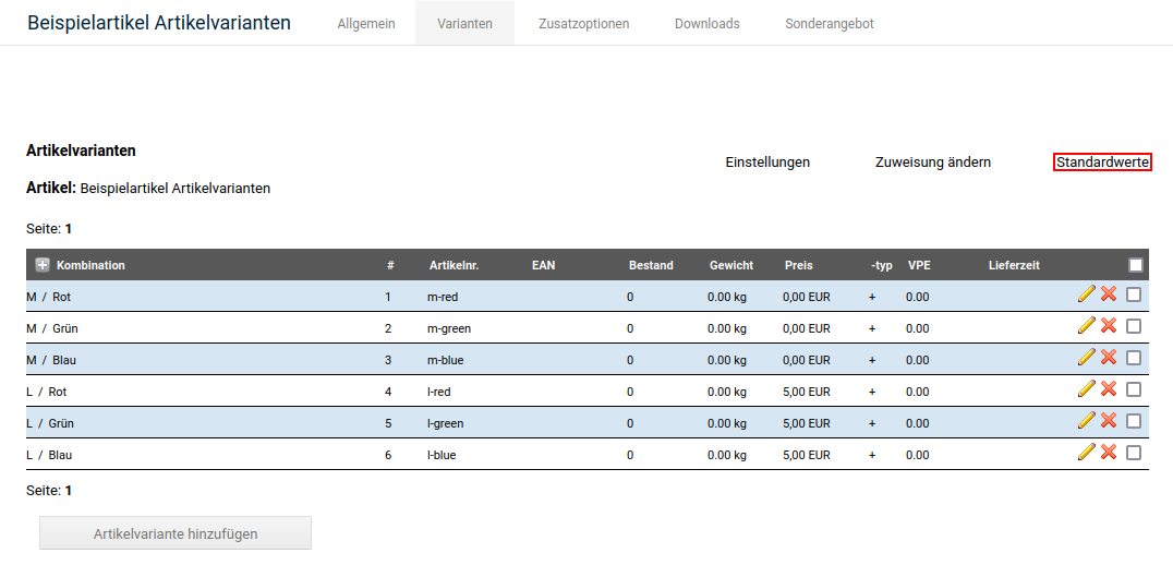 Link _**Standardwerte**_ in der Übersicht