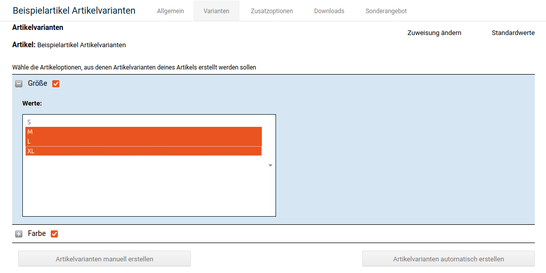 Werte der Option wurden ausgewählt