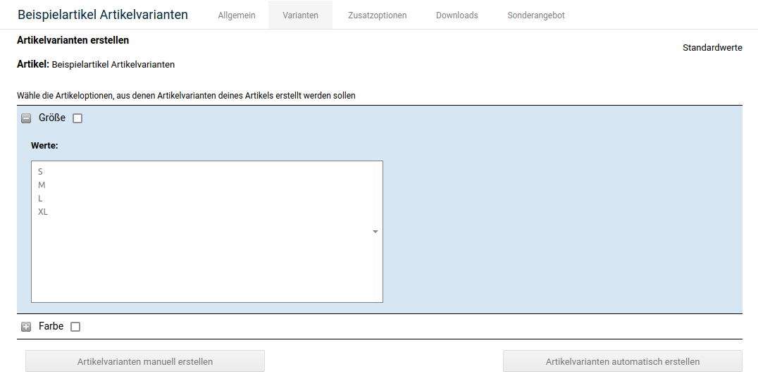 Übersicht im Reiter _**Varianten**_, Option ausgeklappt