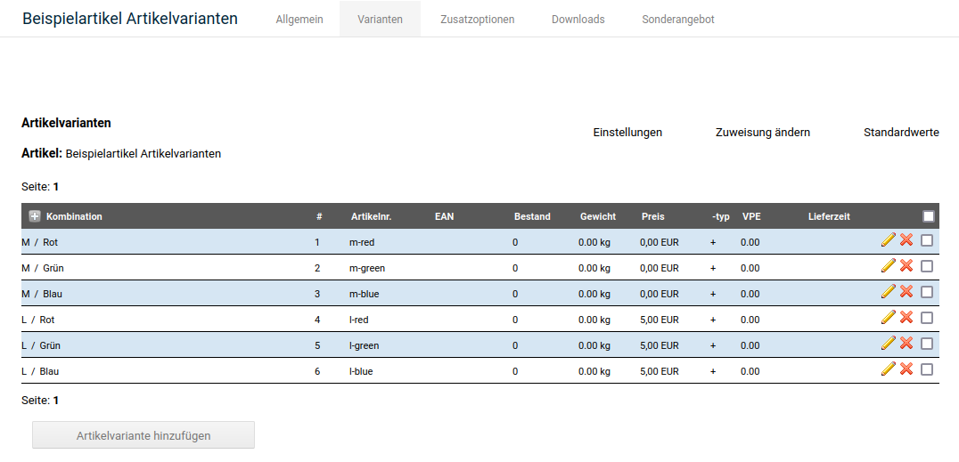 Variantenübersicht