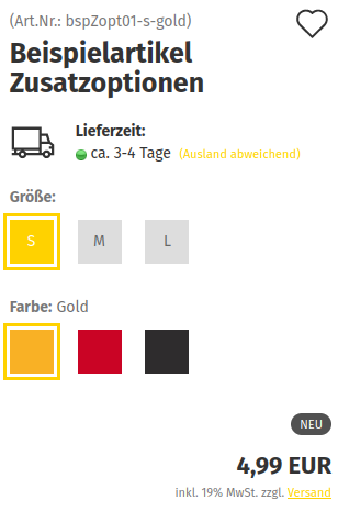 Zusatzoptionen als eingerahmter Text und Bild