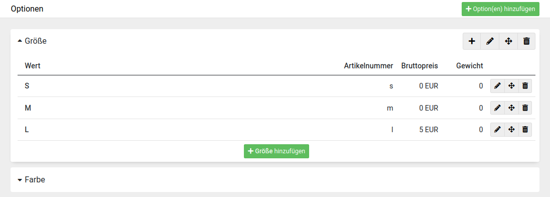 Der Eintrag für die Option _Größe_ wurde ausgeklappt