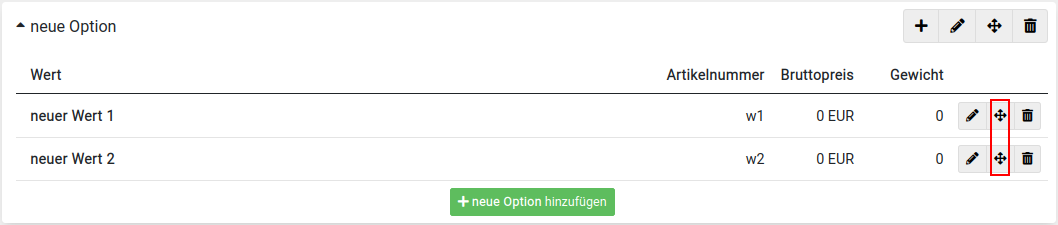 Symbol zum Sortieren bei Werten