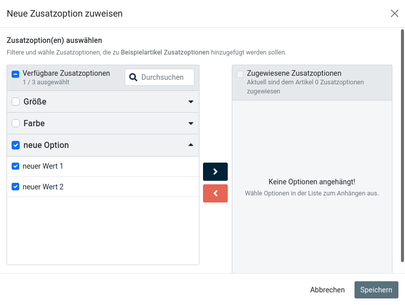 Maske _**Neue Zusatzoption zuweisen**_ mit einer ausgeklappten Option
