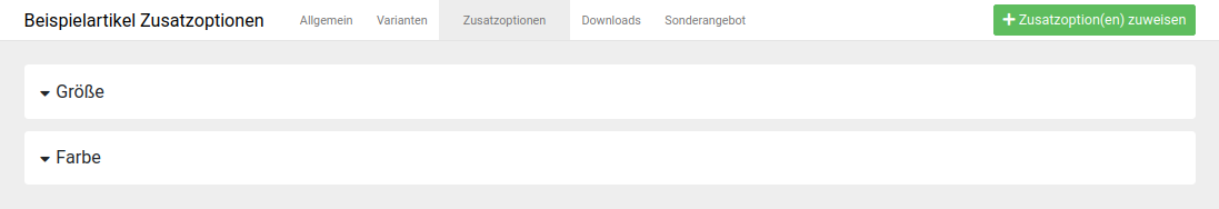 Übersicht beim Öffnen der Zusatzoptionen eines Artikels