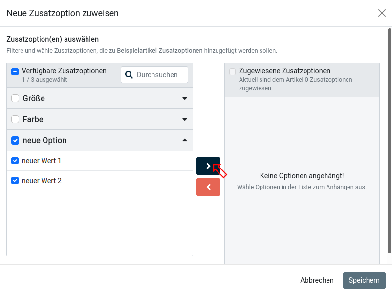 Option und Werte wurden für die Zuweisung angehakt