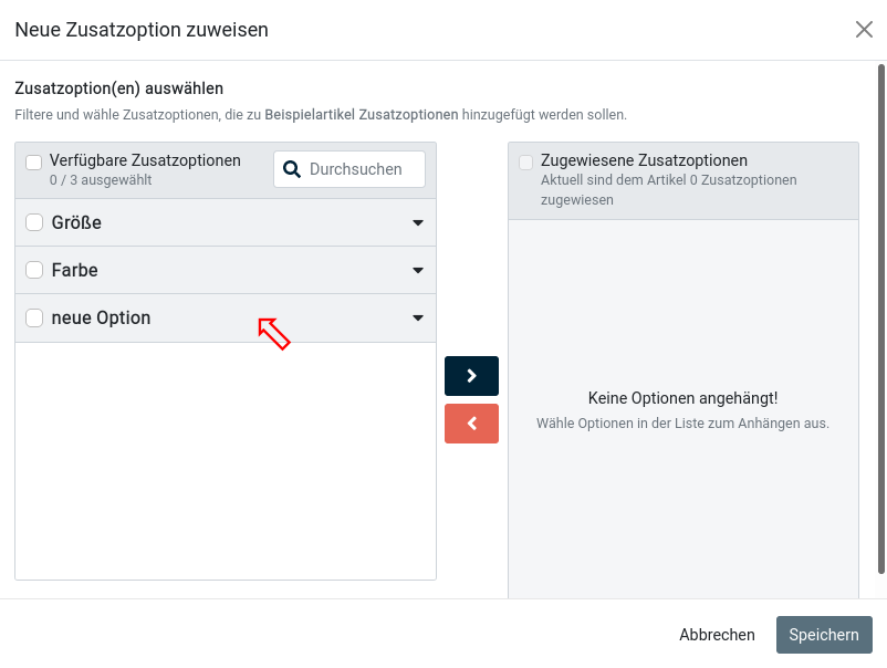 Dialog zum Zuweisen von Zusatzoptionen