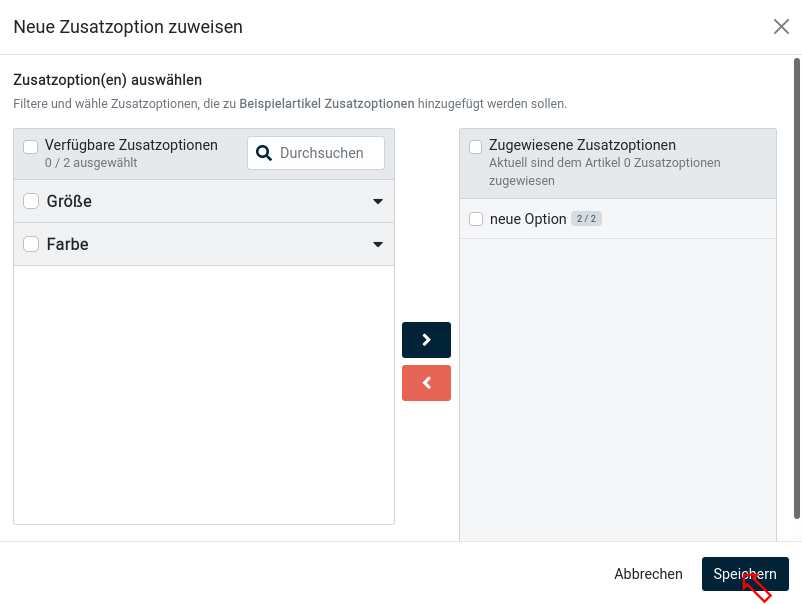 Option und Werte wurden für die Zuweisung ausgewählt