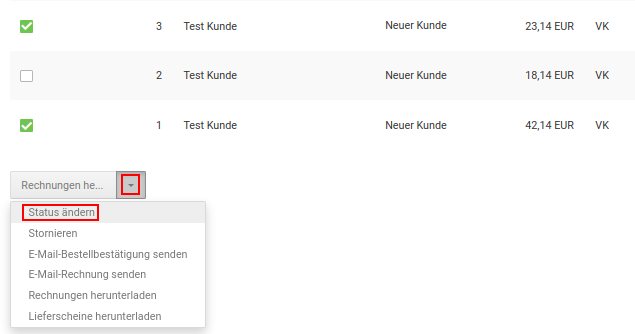 Mehrere Bestellstatus ändern (Übersichtseite)